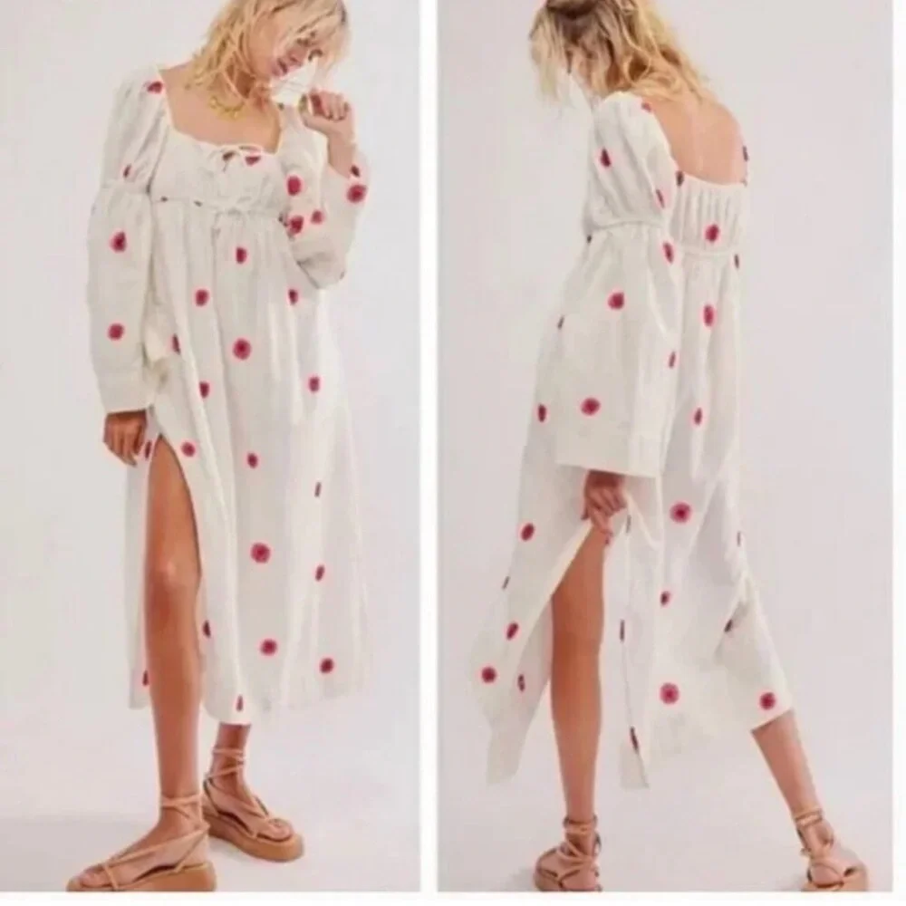 Free People Sunburst Embroidered Midi Dress Ivory NWT Medium Boho